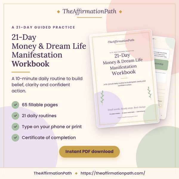 21-Day Money & Dream Life Manifestation Workbook printable PDF cover: 65 fillable pages, 21 daily routines, type on your phone or print, and a certificate of completion