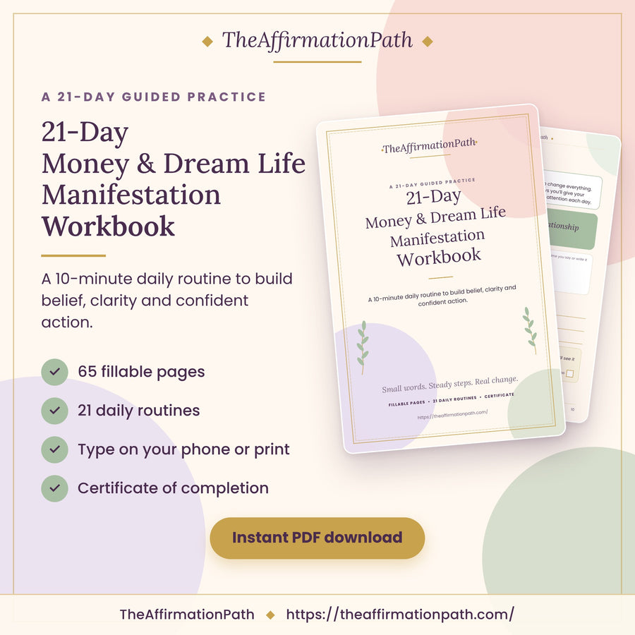 21-Day Money & Dream Life Manifestation Workbook printable PDF cover: 65 fillable pages, 21 daily routines, type on your phone or print, and a certificate of completion