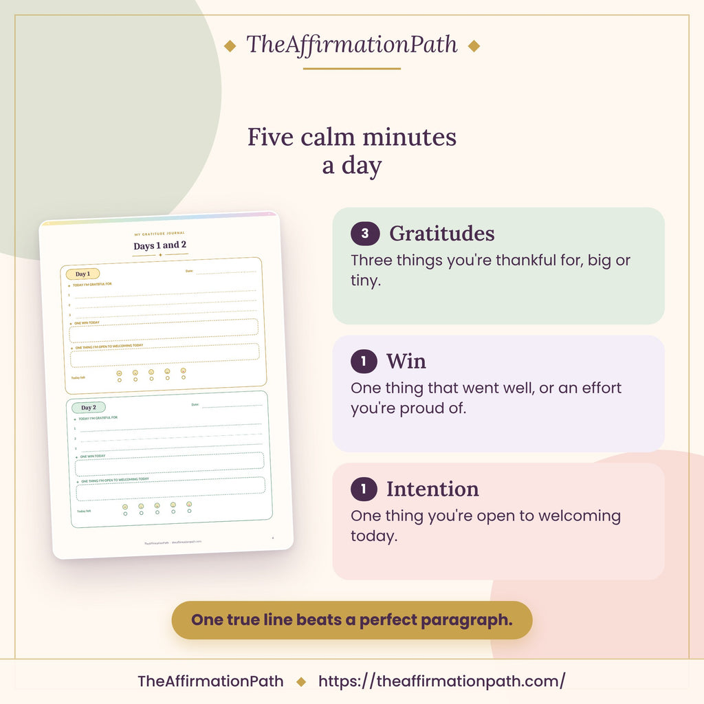30-Day Gratitude & Abundance Journal: Five calm minutes a day, shown on a page from the PDF