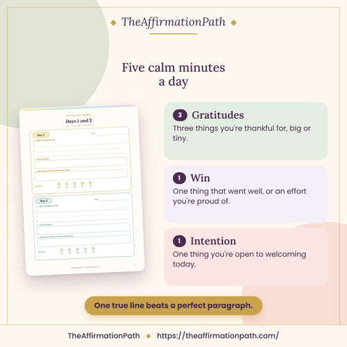 30-Day Gratitude & Abundance Journal: Five calm minutes a day, shown on a page from the PDF