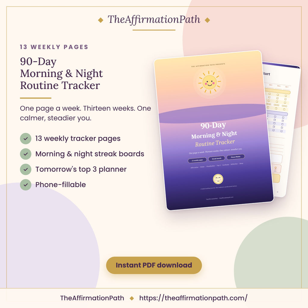 90-Day Routine Tracker printable PDF cover: 13 weekly tracker pages, morning & night streak boards, tomorrow's top 3 planner and phone-fillable
