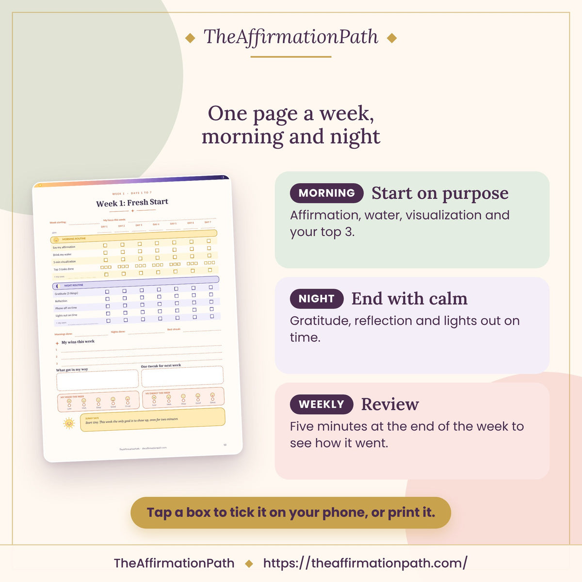 90-Day Routine Tracker: One page a week, morning and night, shown on a page from the PDF