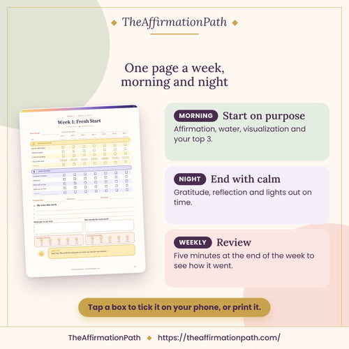 90-Day Routine Tracker: One page a week, morning and night, shown on a page from the PDF