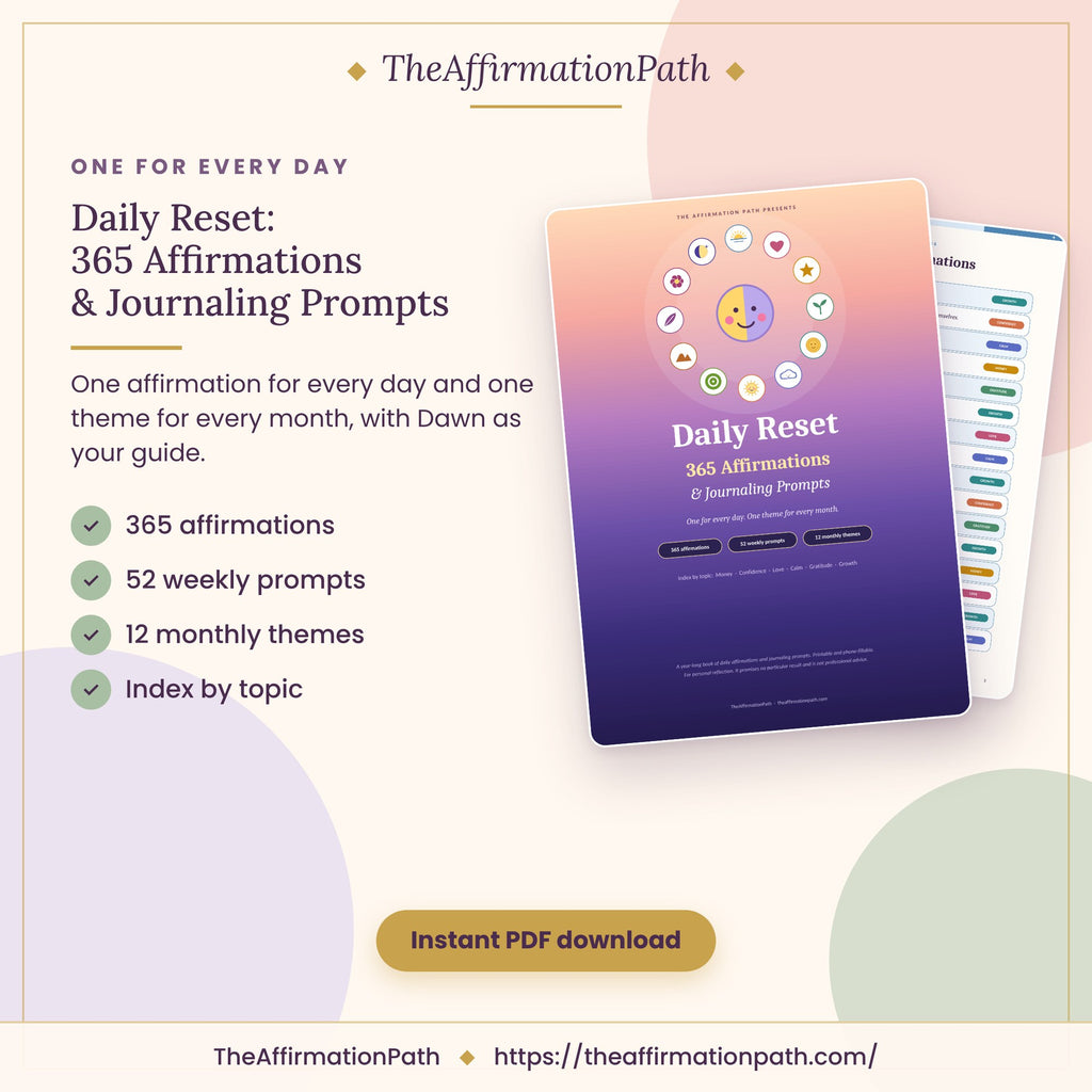 Daily Reset: 365 Affirmations printable PDF cover: 365 affirmations, 52 weekly prompts, 12 monthly themes and index by topic