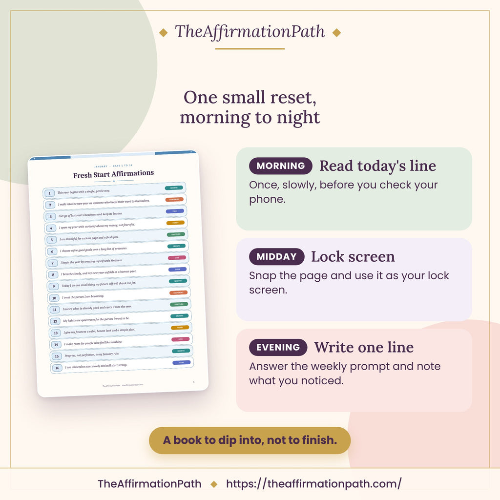 Daily Reset: 365 Affirmations: One small reset, morning to night, shown on a page from the PDF