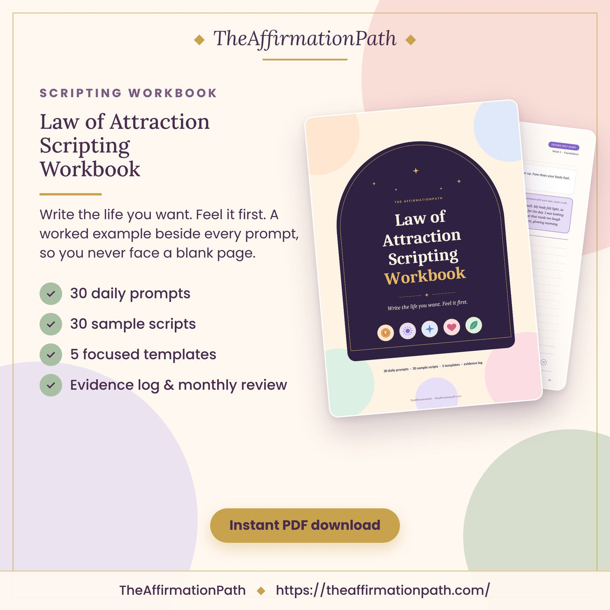 Law of Attraction Scripting Workbook printable PDF cover: 30 daily prompts, 30 sample scripts, 5 focused templates and evidence log & monthly review