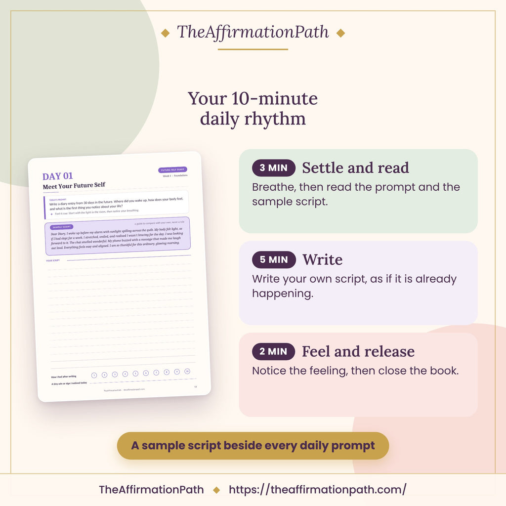Law of Attraction Scripting Workbook: Your 10-minute daily rhythm, shown on a page from the PDF
