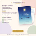 Manifestation Troubleshooting Guide printable PDF cover: quick diagnostic, 10 common blocks, action planner and 7-day reset