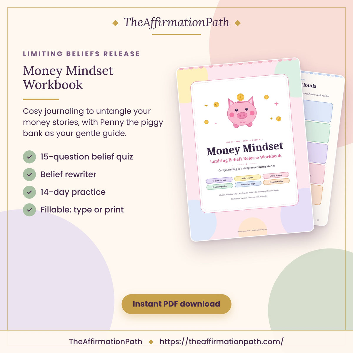 Money Mindset & Limiting Beliefs Workbook printable PDF cover: 15-question belief quiz, belief rewriter, 14-day practice and fillable to type or print