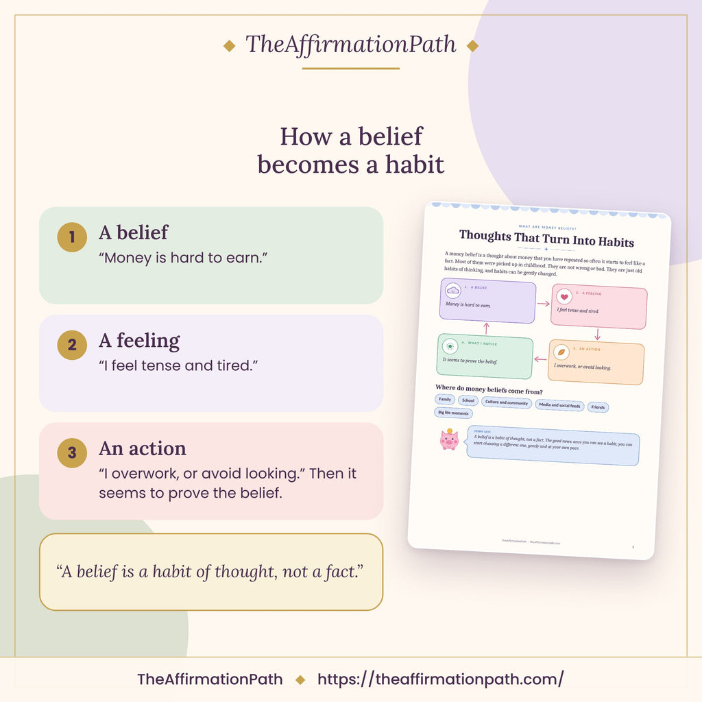 Money Mindset & Limiting Beliefs Workbook: How a belief becomes a habit, with a sample page