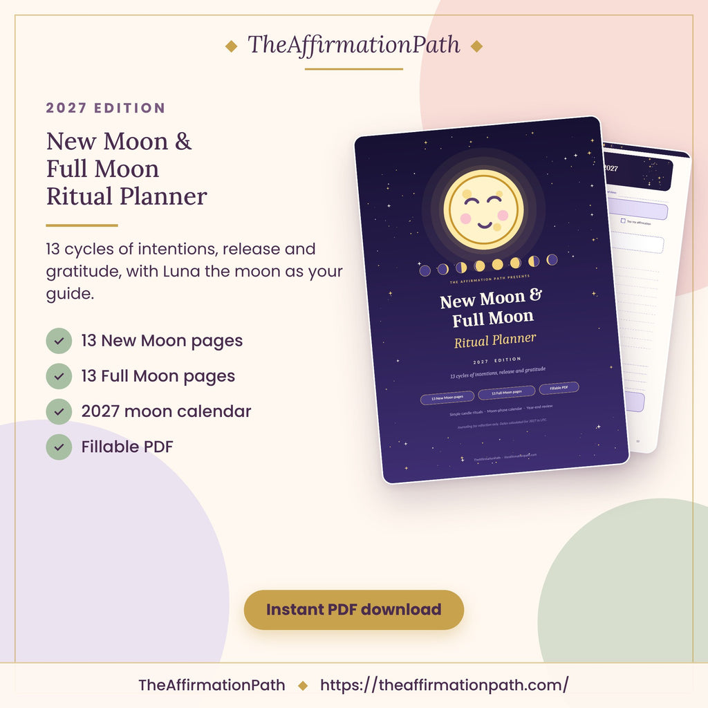Moon Ritual Planner 2027 printable PDF cover: 13 New Moon pages, 13 Full Moon pages, 2027 moon calendar and fillable PDF