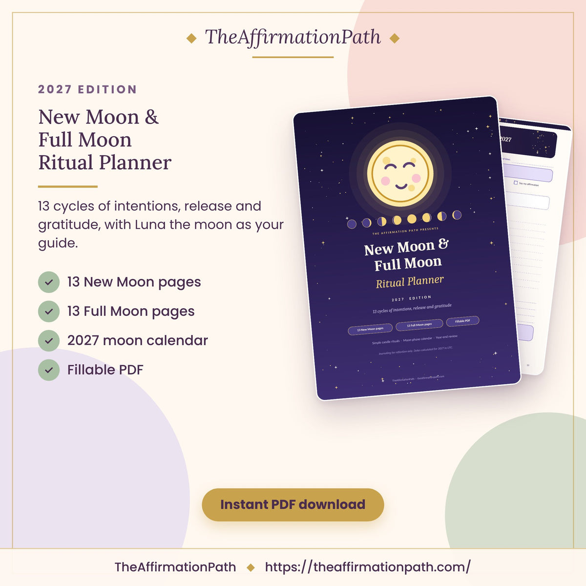 Moon Ritual Planner 2027 printable PDF cover: 13 New Moon pages, 13 Full Moon pages, 2027 moon calendar and fillable PDF