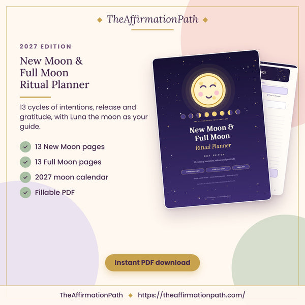 Moon Ritual Planner 2027 printable PDF cover: 13 New Moon pages, 13 Full Moon pages, 2027 moon calendar and fillable PDF