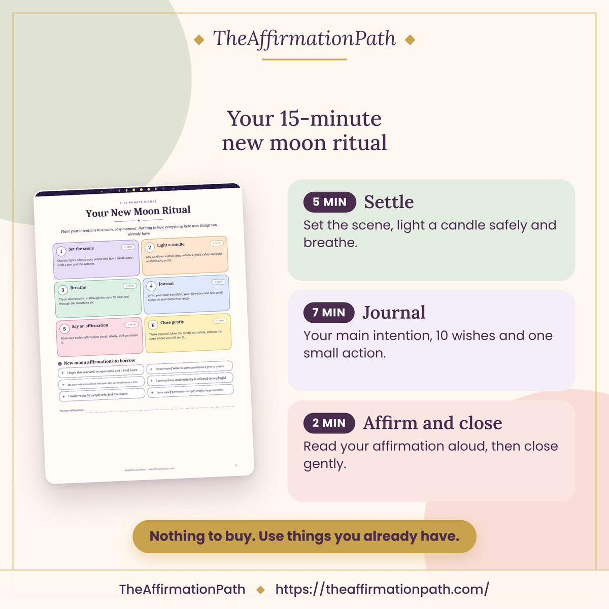 Moon Ritual Planner 2027: Your 15-minute new moon ritual, shown on a page from the PDF
