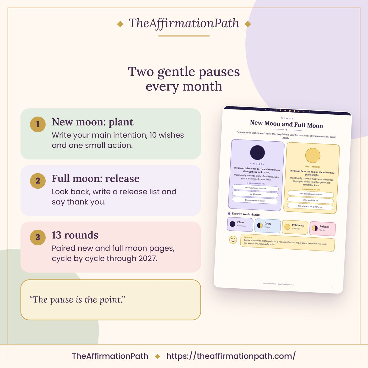 Moon Ritual Planner 2027: Two gentle pauses every month, with a sample page