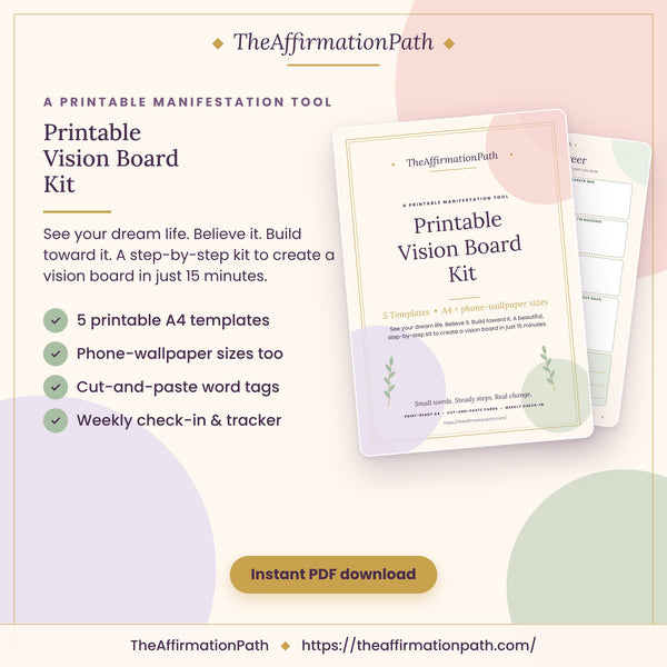 Printable Vision Board Kit printable PDF cover: 5 printable A4 templates, phone-wallpaper sizes too, cut-and-paste word tags and weekly check-in & tracker