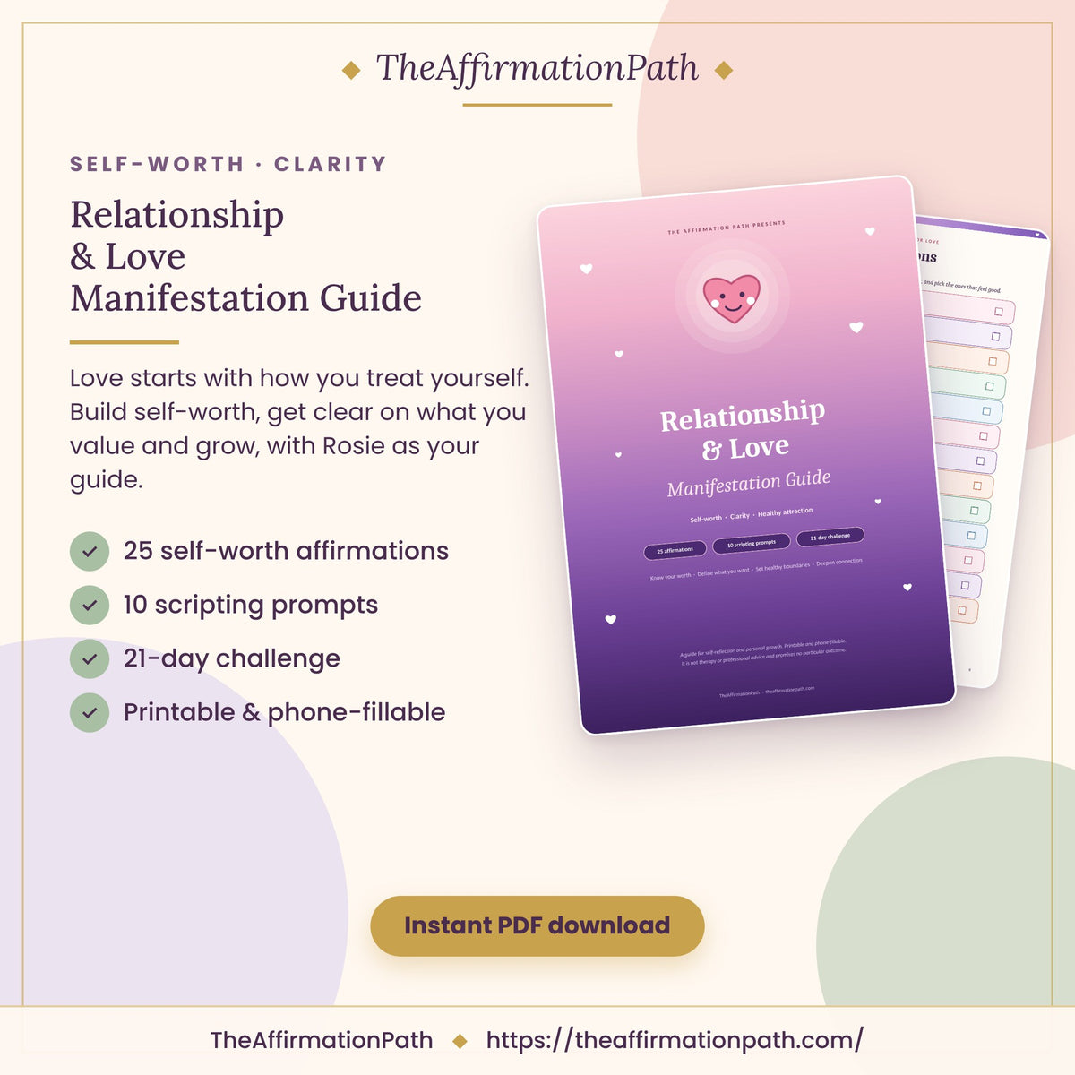 Relationship & Love Manifestation Guide printable PDF cover: 25 self-worth affirmations, 10 scripting prompts, 21-day challenge and printable & phone-fillable