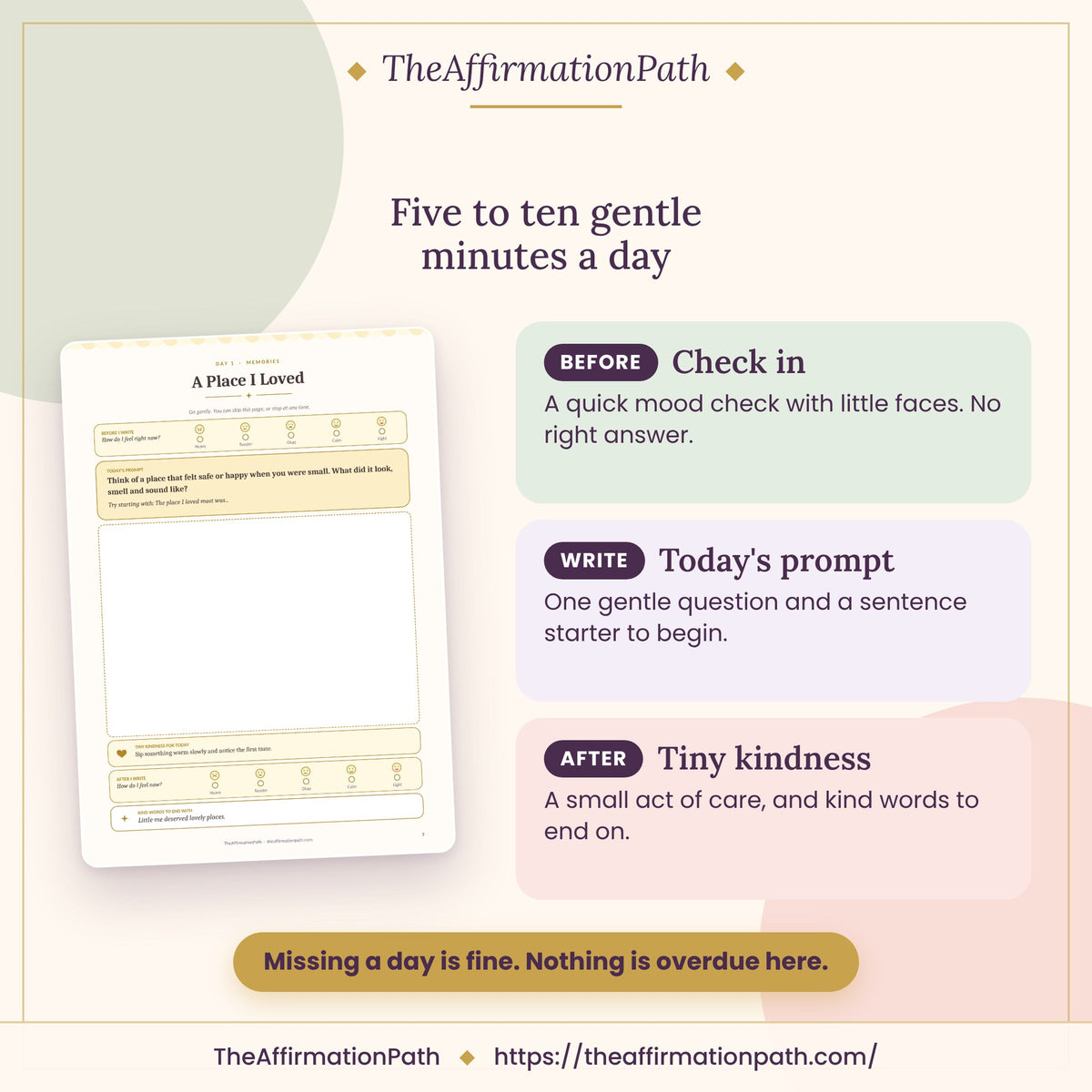 Self-Love & Inner Child Healing Journal: Five to ten gentle minutes a day, shown on a page from the PDF