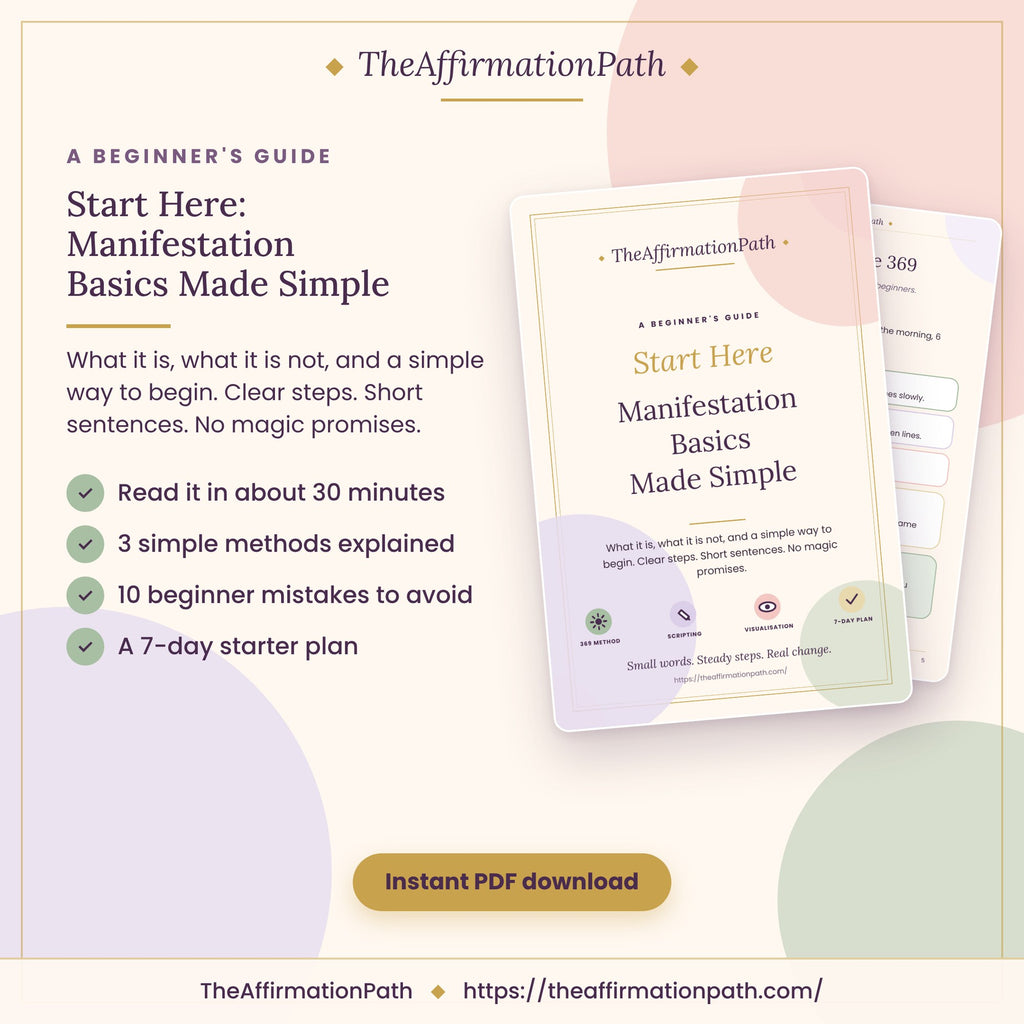 Start Here: Manifestation Basics Made Simple printable PDF cover: read it in about 30 minutes, 3 simple methods explained, 10 beginner mistakes to avoid and a 7-day starter plan
