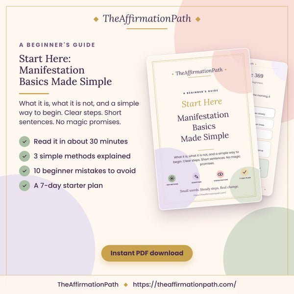 Start Here: Manifestation Basics Made Simple printable PDF cover: read it in about 30 minutes, 3 simple methods explained, 10 beginner mistakes to avoid and a 7-day starter plan