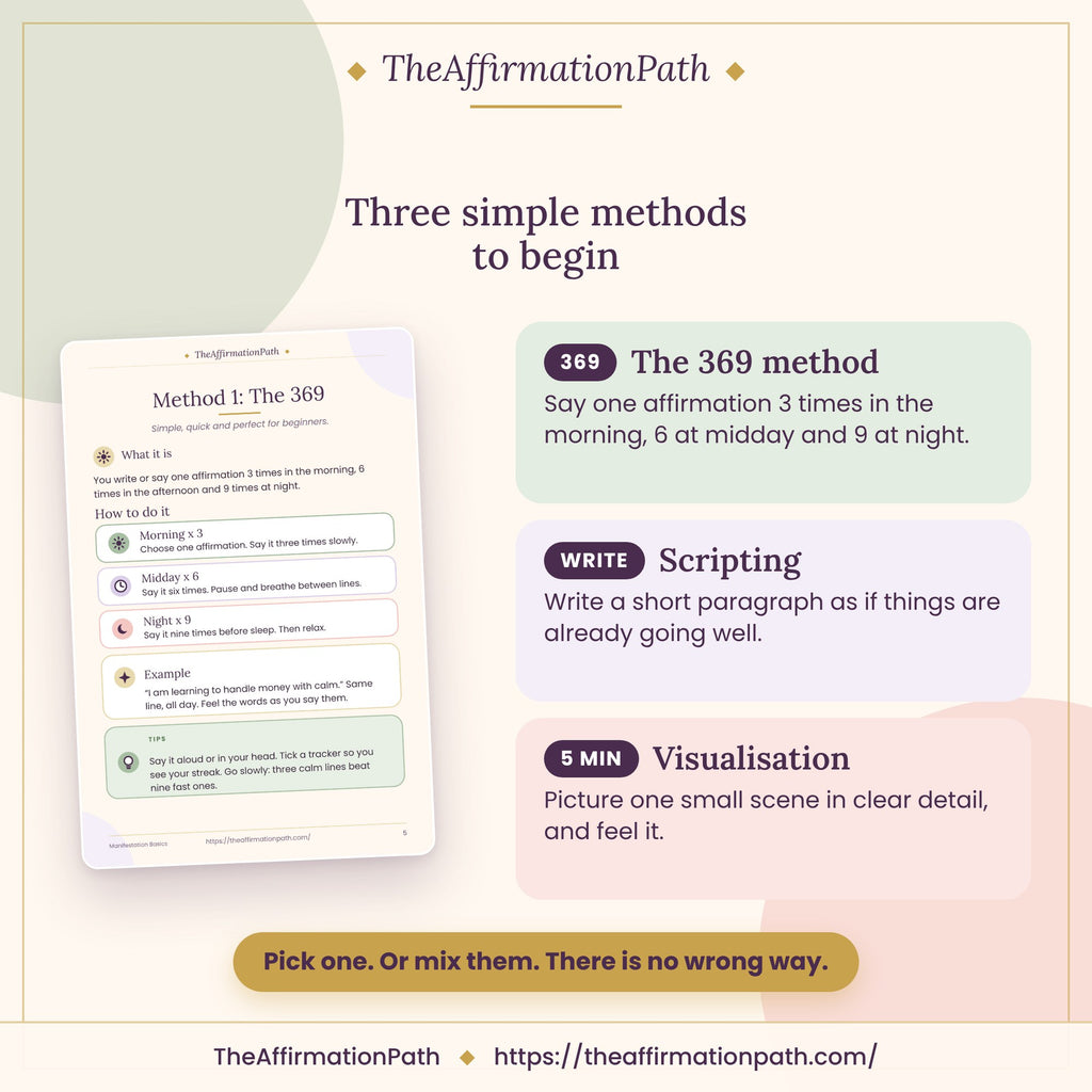Start Here: Manifestation Basics Made Simple: Three simple methods to begin, shown on a page from the PDF